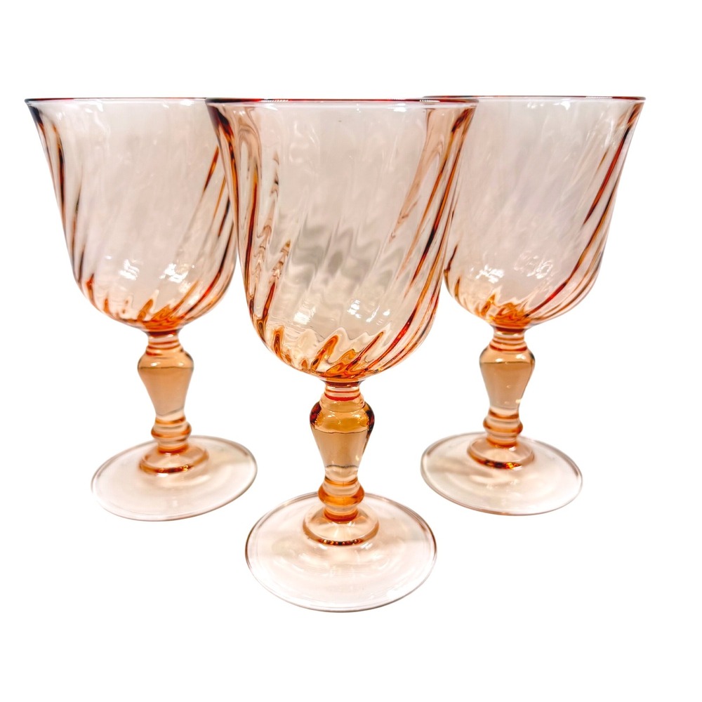 3 Luminarc Arcoroc France Rosaline Pink Swirl Water Wine Goblets Vintage 6.25in